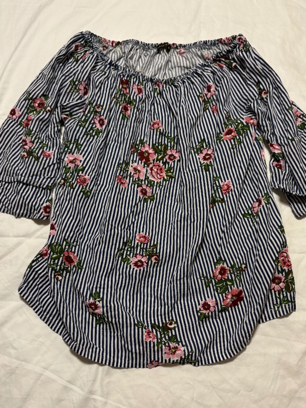 LASCANA Floral Striped Boho Off-Shoulder Top Tiered Ruffle Sleeve NWOT - US 12